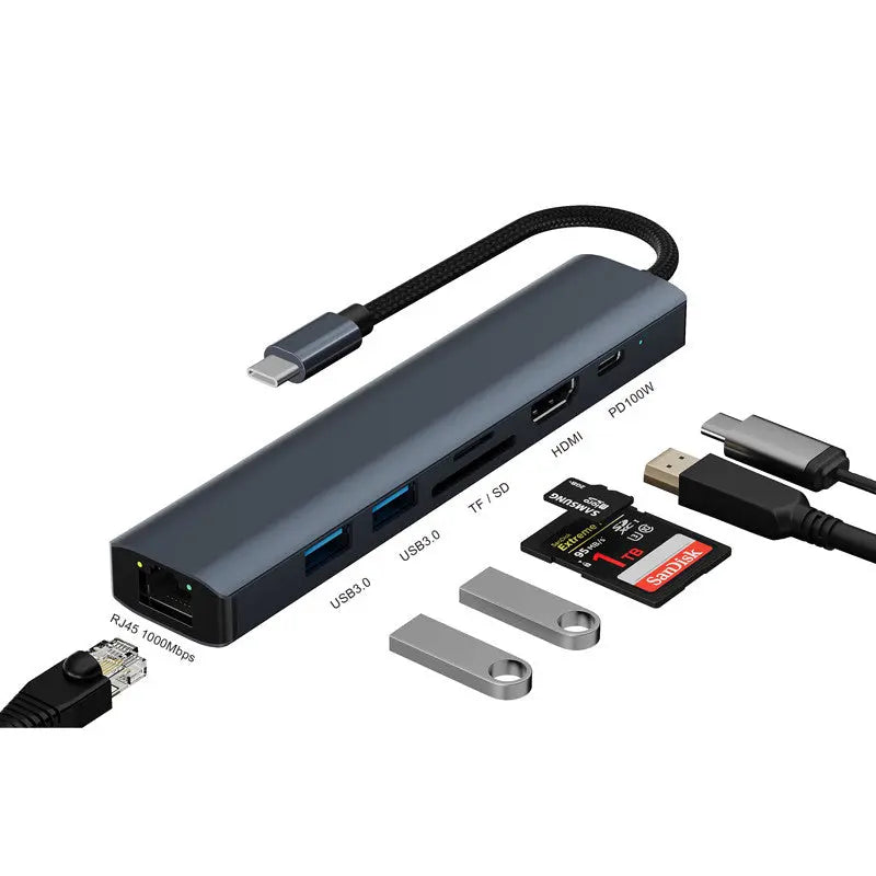 Hub Adaptor Multiport 7 in 1 USB-C 3.1 Staryon® la HDMI 4K / LAN RJ45 Ethernet (1000 MB/S) / 2x USB 3.0 / Power Delivery Port 100W / TF si SD Card Reader, Docking Station Laptop, MacBook Air/Pro, Telefon, Tableta, Gri