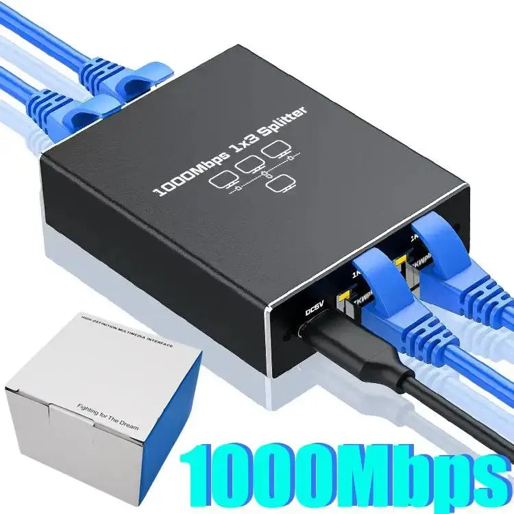 Splitter Ethernet RJ45 Staryon® cu 3 Porturi, Adaptor Retea 1 la 3 Porturi, Suport 1000Mbps, Carcasa din Aluminiu, pentru IPTV, Router, Monitoare