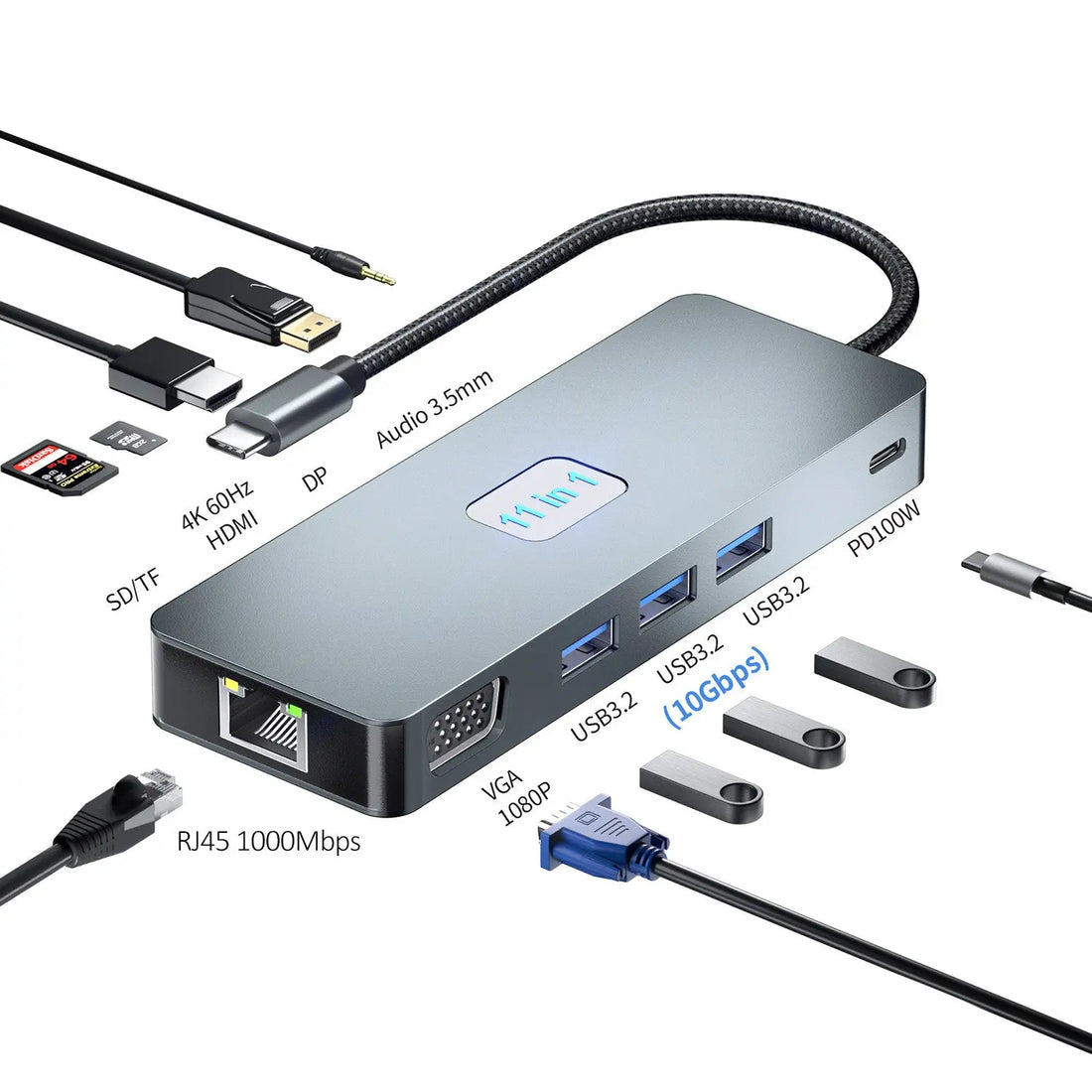 Hub Adaptor Multiport 11 in 1 USB-C 3.2 Staryon® la HDMI 4K@60Hz / DP 4K@60Hz / VGA 1080P@60Hz / RJ45 Ethernet 1000Mbps / 3 x USB 3.2 / TF si SD Card Reader / 3.5-mm Jack Audio / PD Port 100W, Docking Station pentru Laptop, MacBook, Chromebook, Telefon