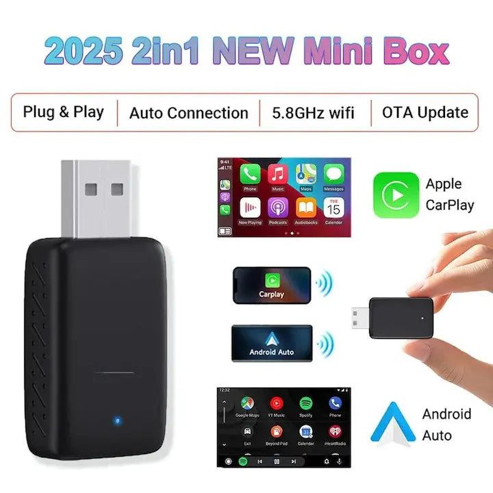 Adaptor Wireless CarPlay & Android Auto 2-in-1 Staryon® Model 2025, transforma conexiunea prin cablu in wireless, compatibil cu masini cu CarPlay sau Android Auto prin USB, mini box, auto connect, negru