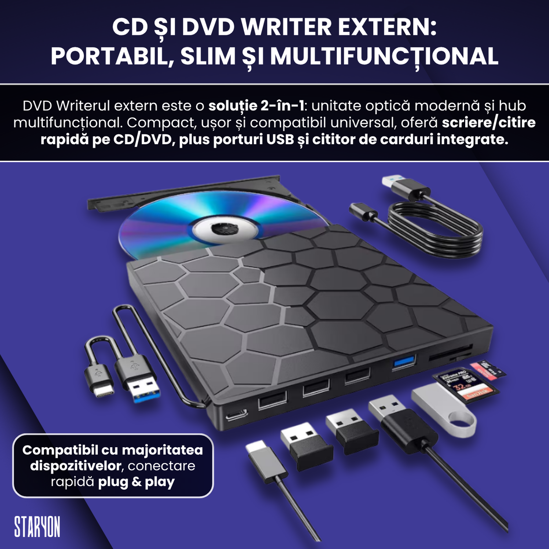 DVD Writer Extern Portabil Staryon – Citire si Scriere CD/DVD + Hub USB + Cititor Carduri Staryon®