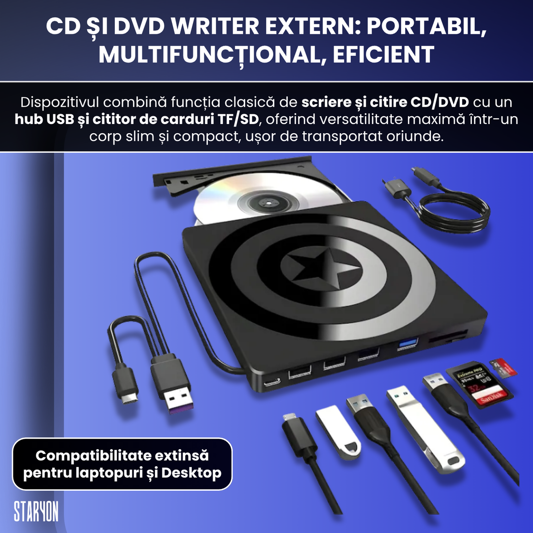 DVD Writer Extern Slim Star Staryon®, USB 3.0, CD/DVD RW, Cititor Carduri, Negru Staryon®