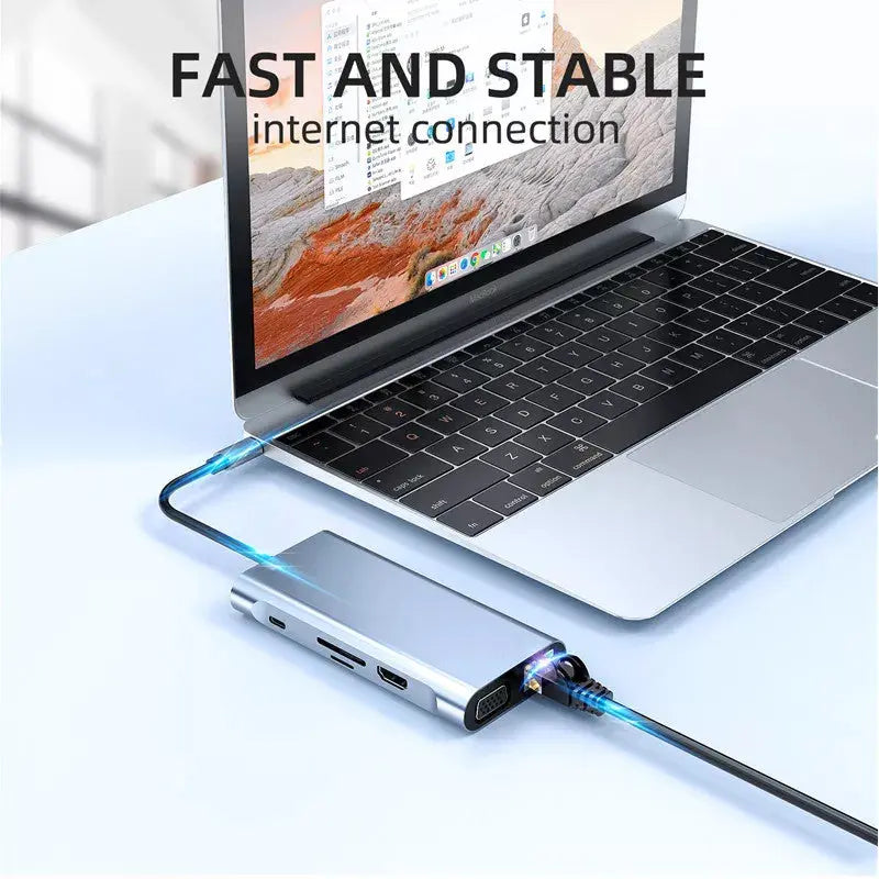 Hub Adaptor Multiport 11 in 1 USB-C 3.1 Staryon® la HDMI 4K / VGA / LAN RJ45 Ethernet (1000 MB/S) / 1x USB-C Data / 3x USB-A 3.0 / Jack Audio / Power Delivery Port 100W / TF si SD Card Reader, Docking Station Laptop, MacBook Air/Pro, Telefon, Tableta, Gri