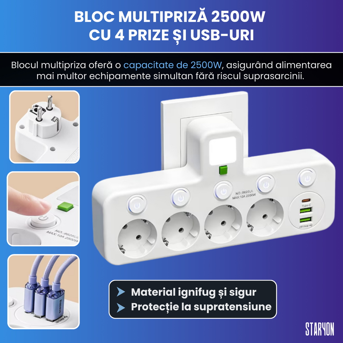 Bloc Multipriza Staryon® 2500W, 4x Schuko + 2x USB-A + 1x USB-C, Alb Staryon®