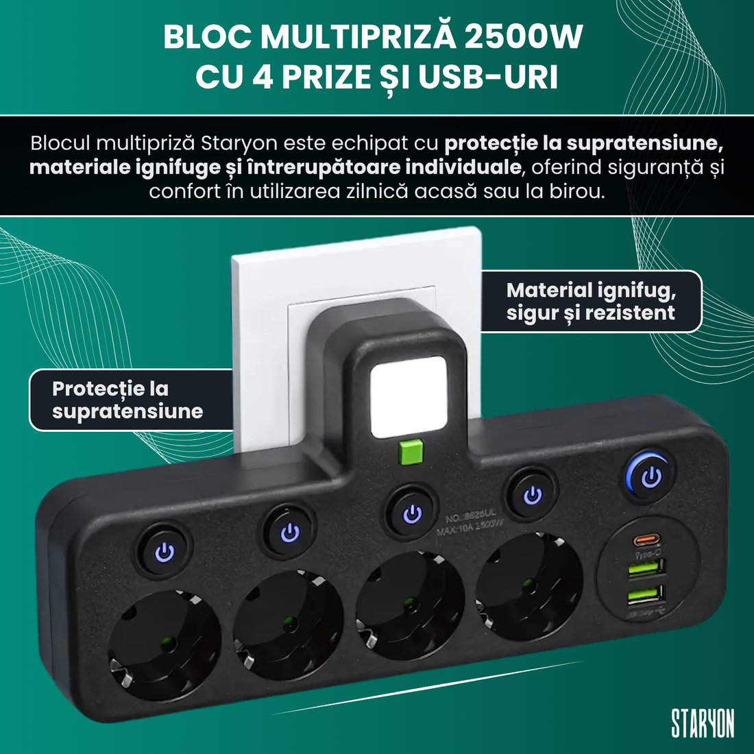 Bloc Multipriza Staryon® 2500W, 4x Schuko + 3x USB, Negru Staryon®