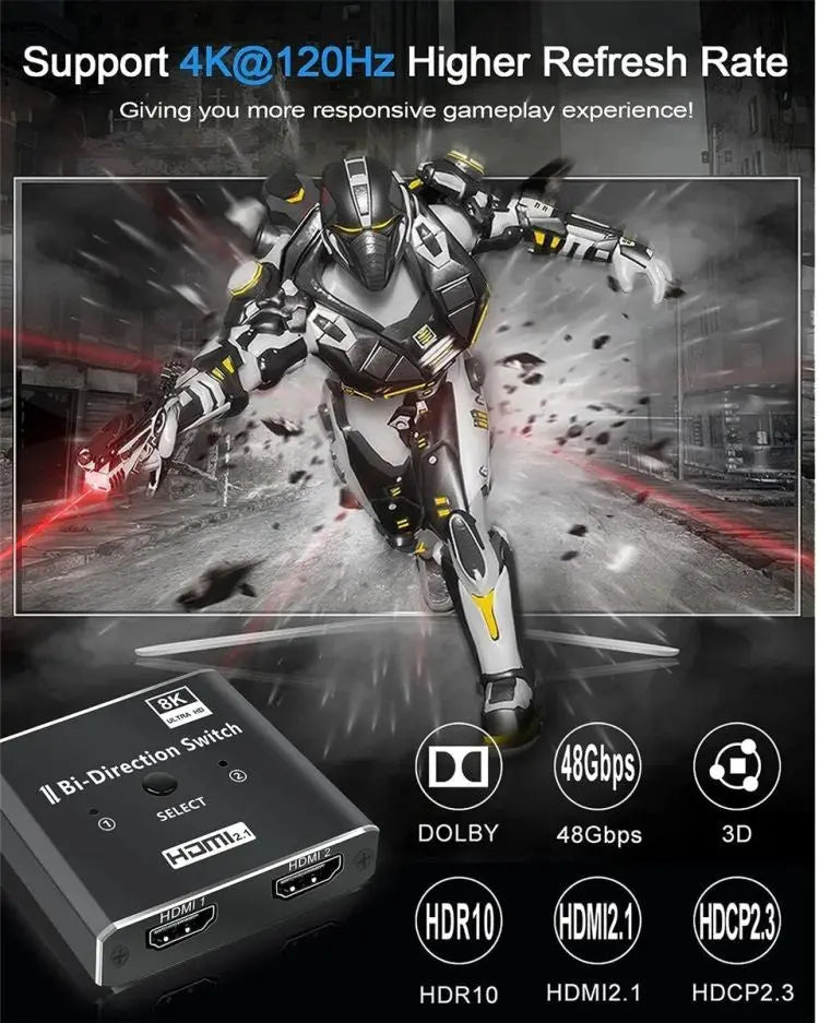 Switch 8K HDMI 2.1 Staryon® Bi-directional 1x2 / 2x1, 2 intrari 1 iesire, Suporta UHD 4K@120Hz 1080P@240Hz 8K@60Hz 3D HDR HDCP, Perfect pentru Consola, TV, Proiector, Sistem Home Cinema, Fara Nevoie de Alimentare, Negru