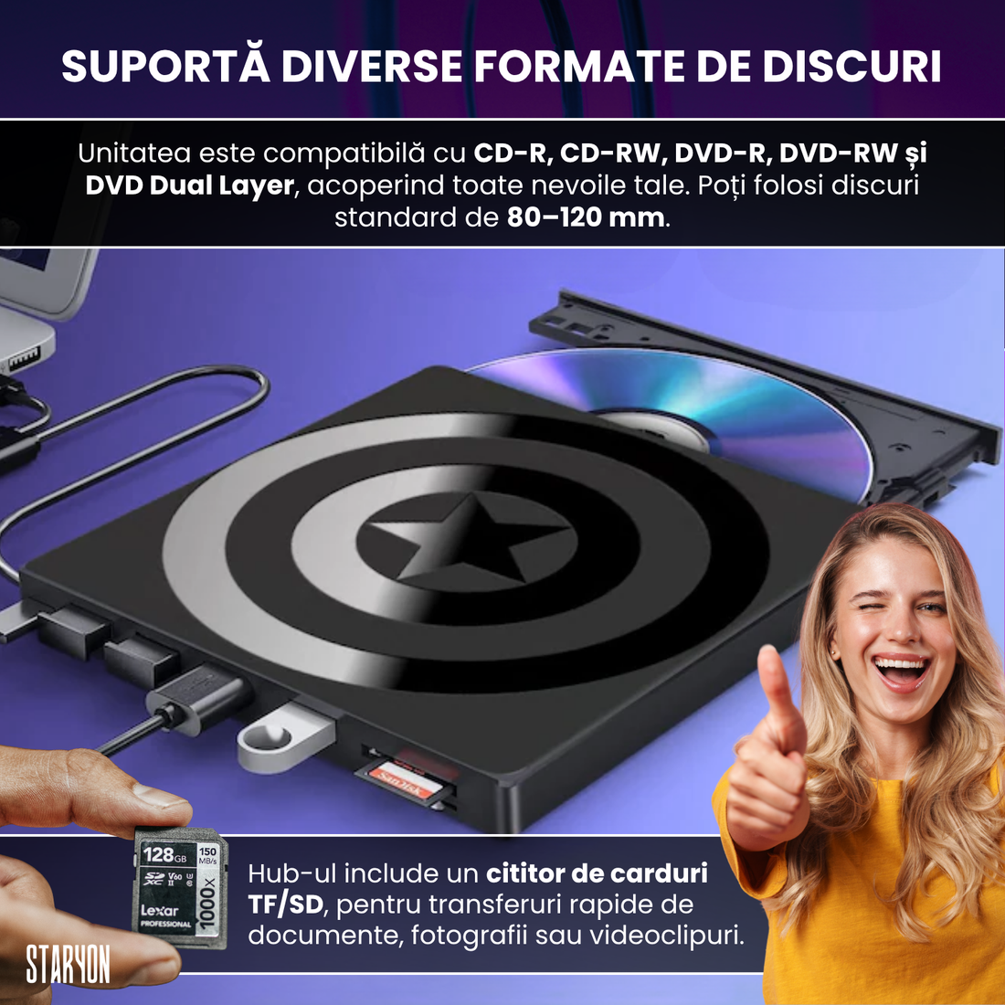 DVD Writer Extern Slim Star Staryon®, USB 3.0, CD/DVD RW, Cititor Carduri, Negru Staryon®