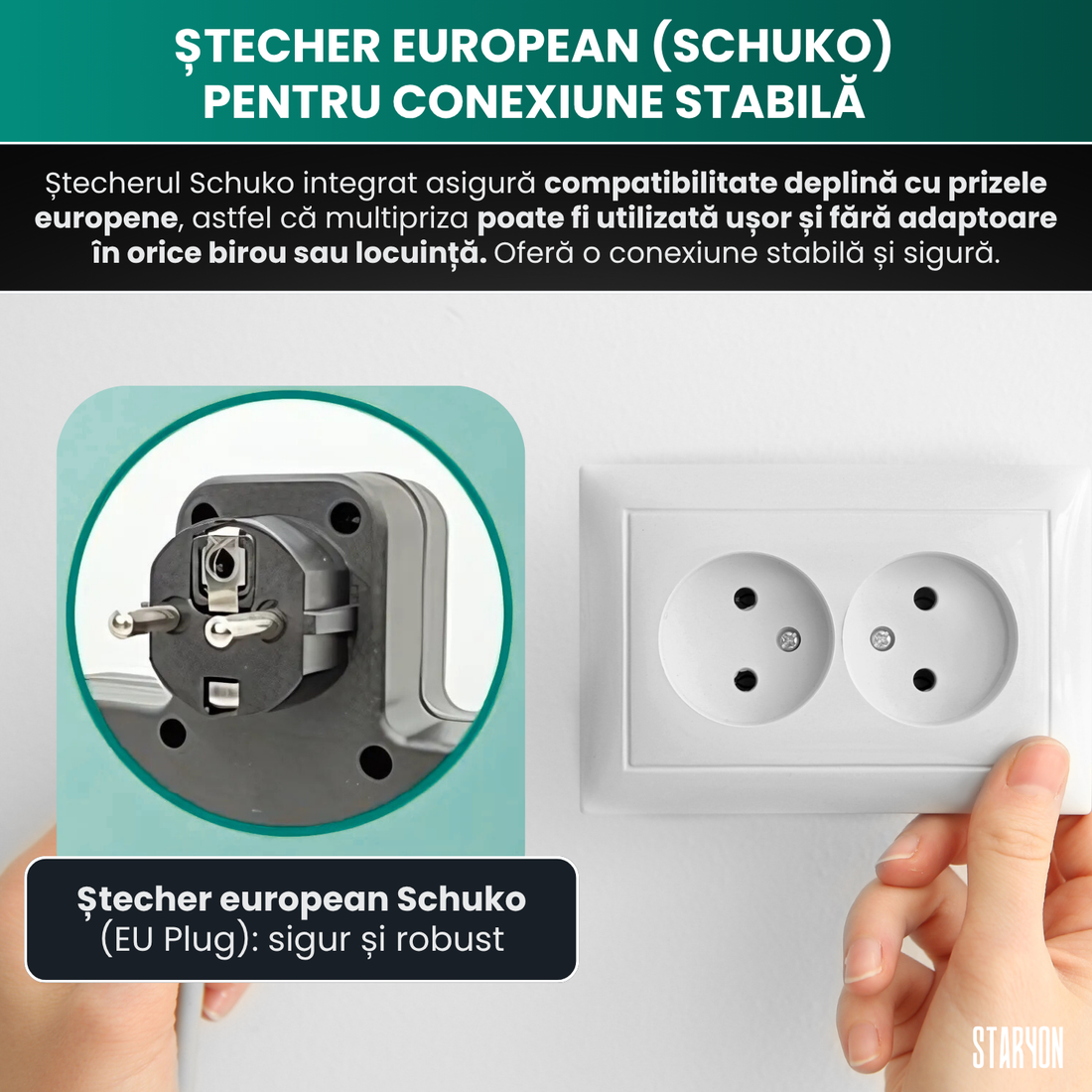 Bloc Multipriza Staryon® 2500W, 4x Schuko + 3x USB, Negru Staryon®