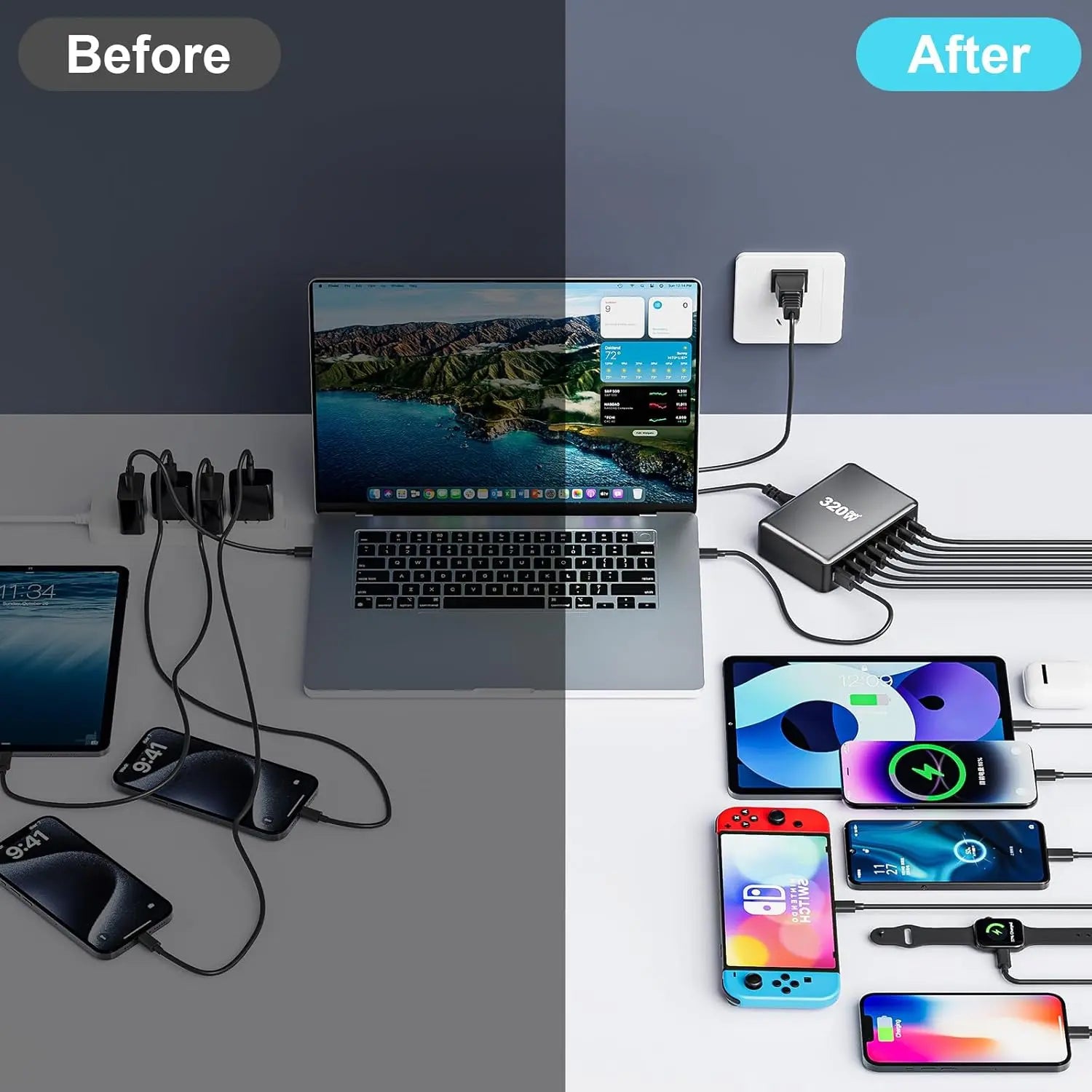 Statie de Incarcare USB 320W GaN PRO 8 in 1, 4 USB-C & 4 USB-A, Incarcare Ultrarapida pentru 8 Dispozitive, Protectie si Disipare Eficienta a Caldurii, Incarcare Universala pentru Laptopuri & Telefoane, Compacta si Puternica, Staryon®, Negru