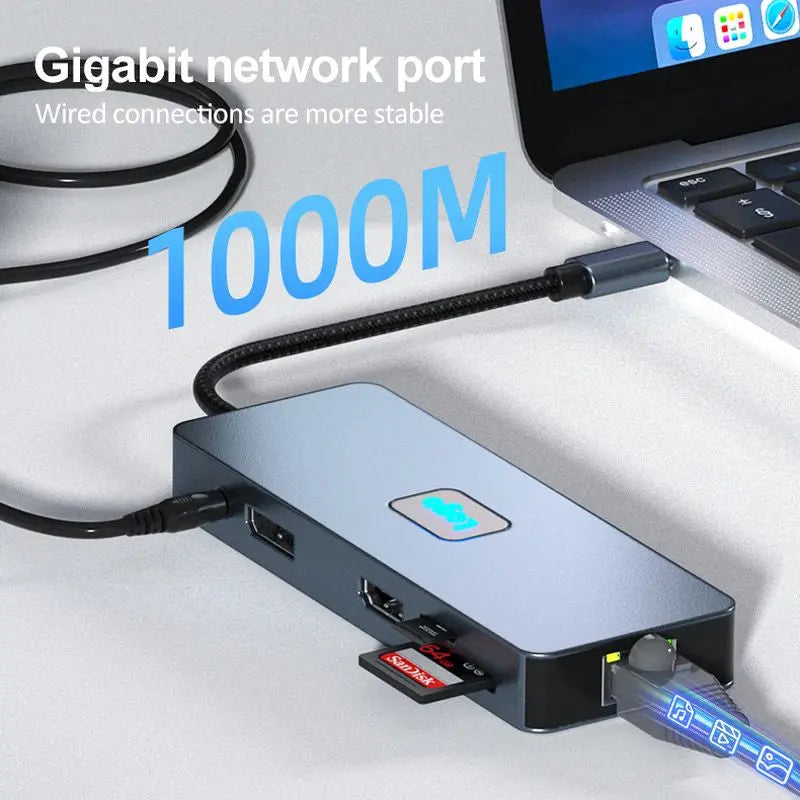 Hub Adaptor Multiport 11 in 1 USB-C 3.2 Staryon® la HDMI 4K@60Hz / DP 4K@60Hz / VGA 1080P@60Hz / RJ45 Ethernet 1000Mbps / 3 x USB 3.2 / TF si SD Card Reader / 3.5-mm Jack Audio / PD Port 100W, Docking Station pentru Laptop, MacBook, Chromebook, Telefon